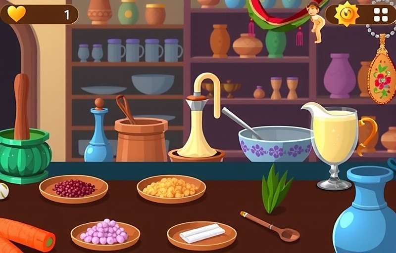 Lassi Legend Quest Gameplay Lassi Legend Quest gameplay screenshot showing player preparing lassi with various ingredients in a traditional Indian shop setting